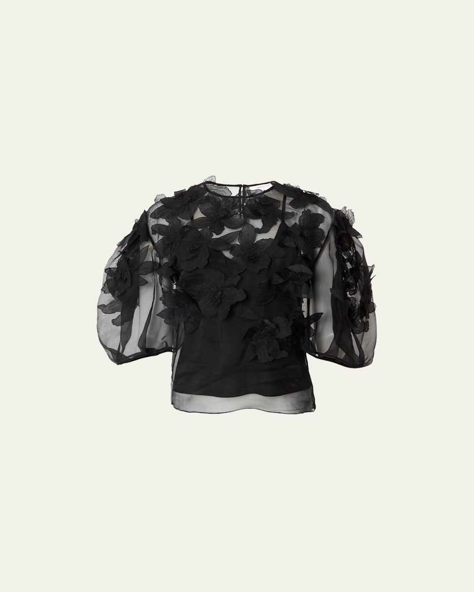 Floral Embroidered Puff-Sleeve Sheer Top